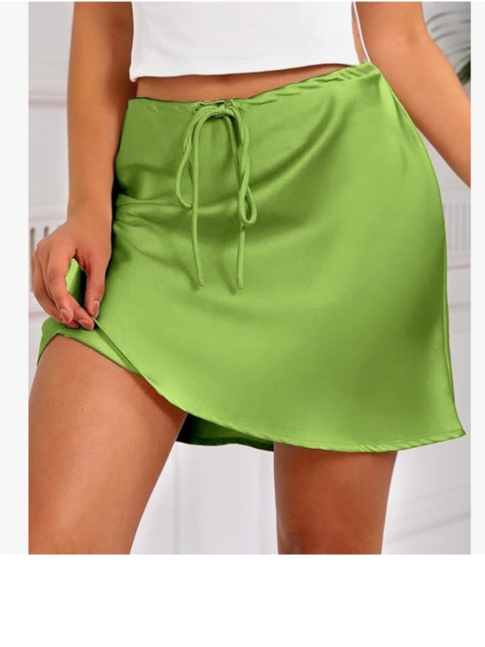 Satin Tie-Waist Mini Satin A Line Flared Skirt in Lime Green Size S NWT
